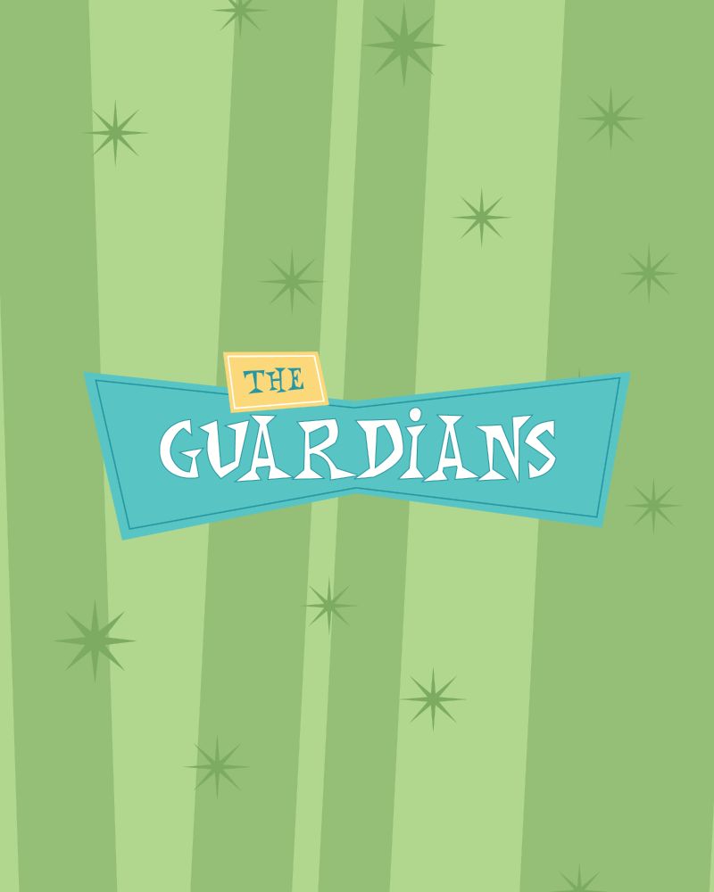 Graphic of Cleveland Guardians text logo in the style of the Drew Carey Show on a light and dark green striped background