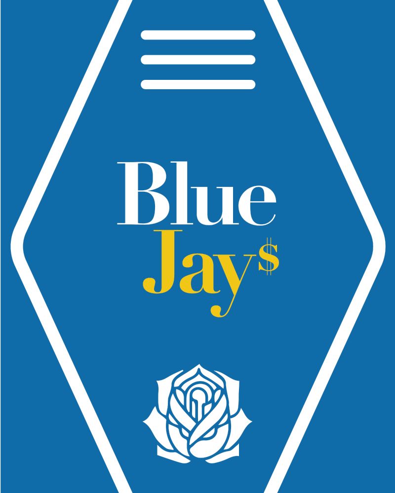 Graphic of Toronto Blue Jays text logo in the style of Schitt's Creek, with a rose and old-school hotel key chain on a blue background