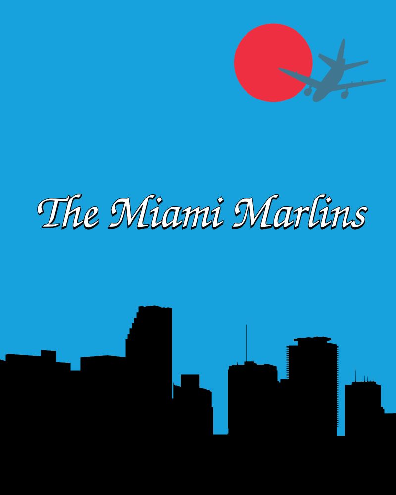 Graphic of the Miami Marlins text logo in the style of The Golden Girls with a plane passing in front of the sun and Miami skyline in the background