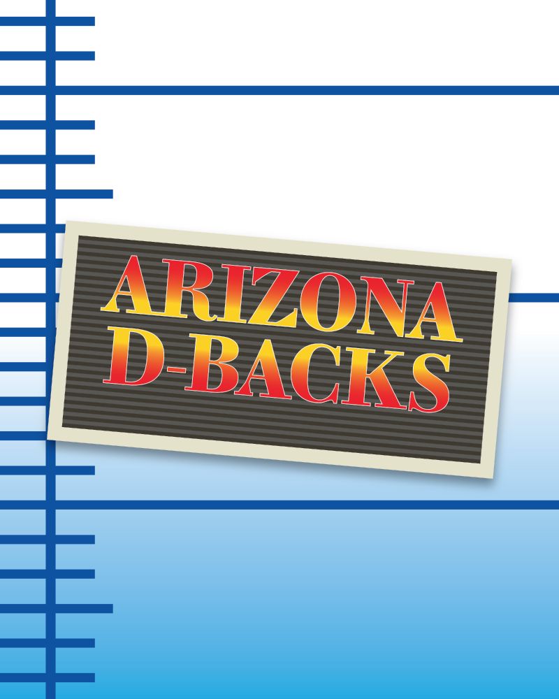 Graphic of Arizona Diamondbacks text logo in the style of the movie Raising Arizona on a mugshot board in front of a height chart, white and blue gradient background