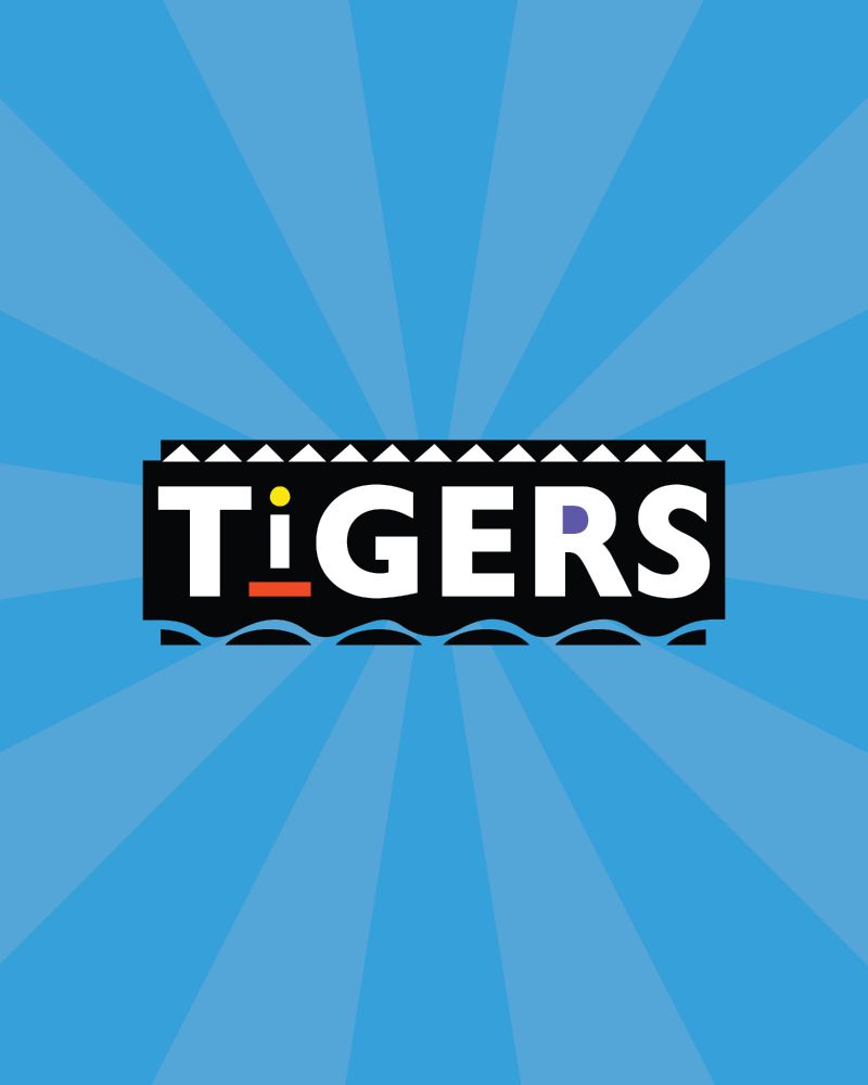Graphic of Detroit Tigers text logo in the style of the TV show Martin on a two-tone blue sunburst background
