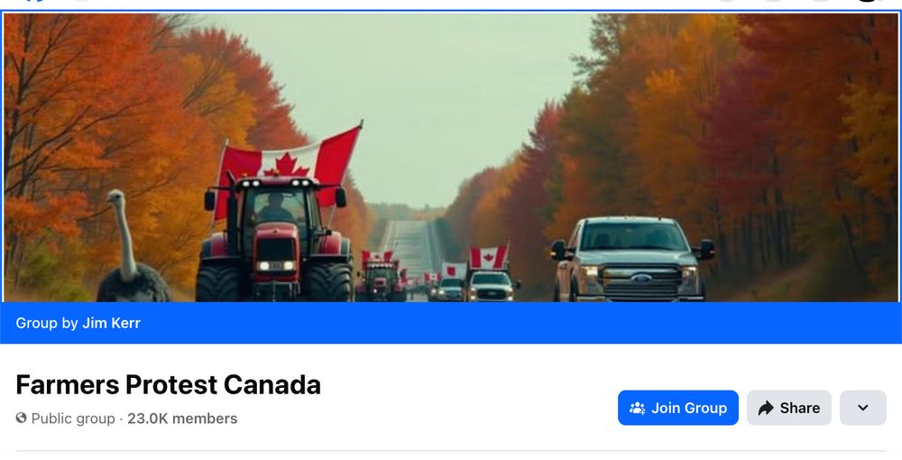 The ostrich convoy's "Farmers Protest Canada" Facebook group with a banner image of an AI generated image of an ostrich leading a convoy of tractors and pick-up trucks down a highway