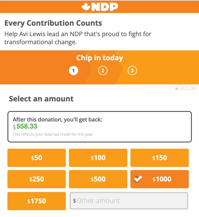 Avi Lewis campaign website:

"Every contribution counts

Help Avi Lewis lead an NDP that's proud to fight for transformational change"