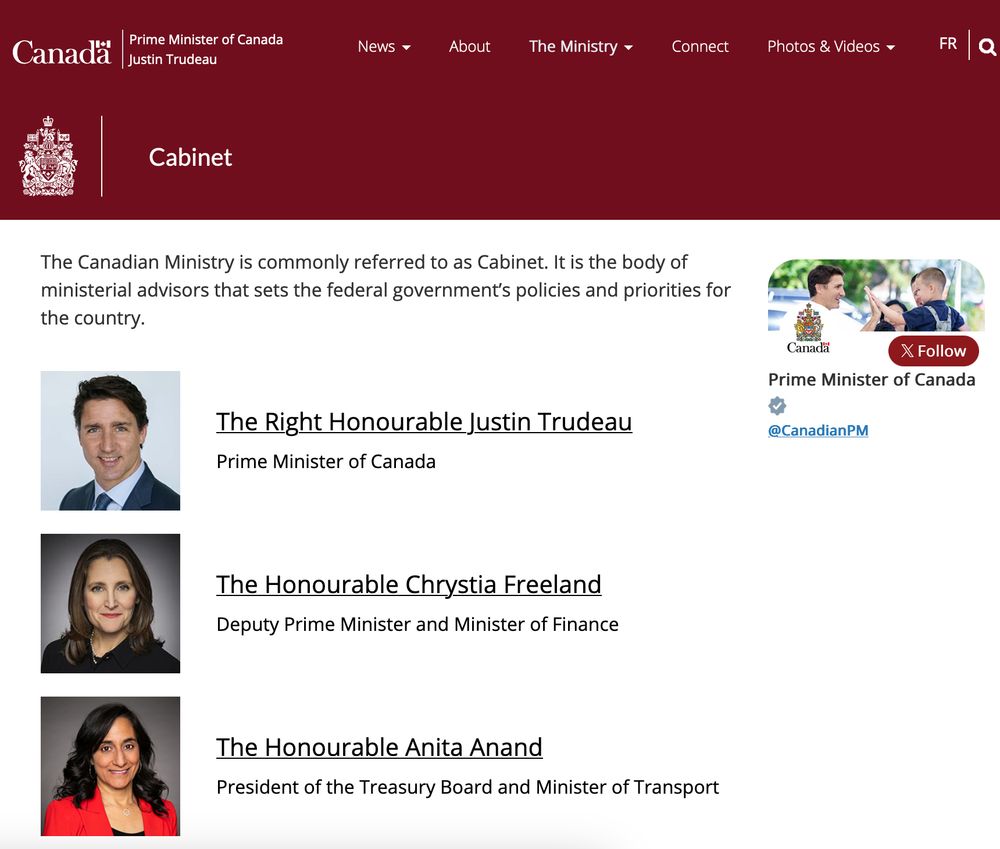 Prime Minister's website as of 6:55 PM EST Monday Dec 16, 2024 showing Chrystia Freeland is still Deputy Prime Minister