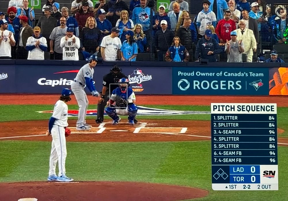 Screenshot of Blue Jays pitching to the Los Angeles Dodgers in the World Series