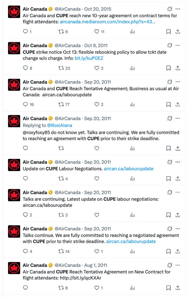 Past tweets from Air Canada referencing CUPE