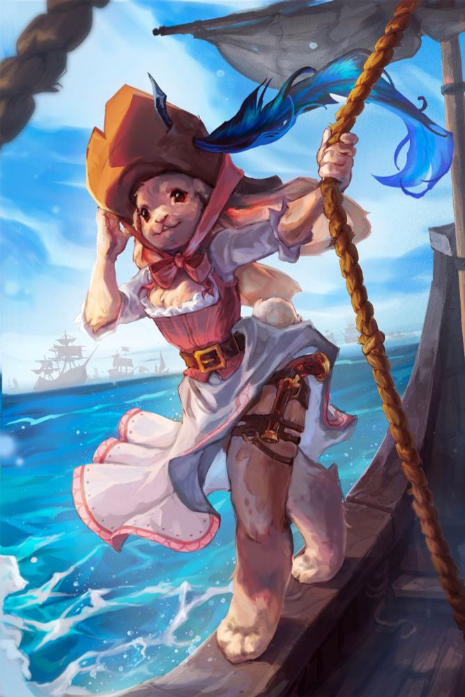A bunny in a dress and pirate hat, leaning playfully off the edge of a ship. Magic The Gathering Fan Art Card