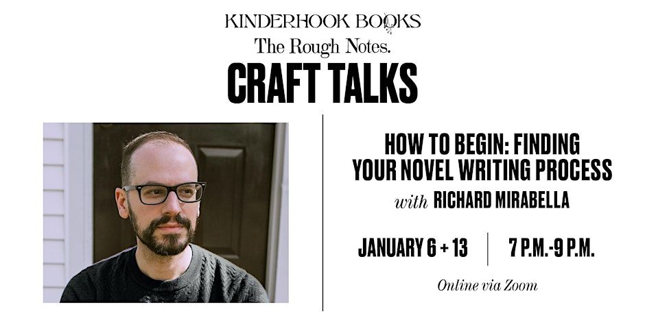 Invite for a two session craft talk about starting your novel. How to Being: Finding your novel writing process with Richard Mirabella. Jan 6 and 13 7PM-9PM. 