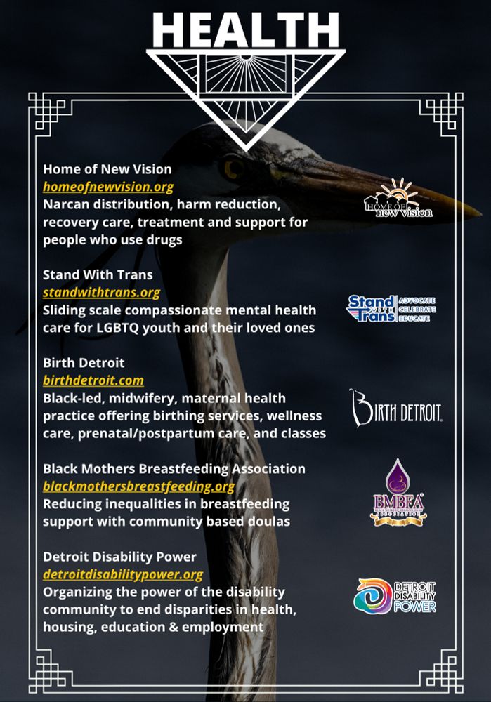 Home of New Vision
homeofnewvision.org
Narcan distribution, harm reduction,
recovery care, treatment and support for
people who use drugs
Stand With Trans
standwithtrans.org
Sliding scale compassionate mental health
care for LGBTQ youth and their loved ones
Birth Detroit
birthdetroit.com
Black-led, midwifery, maternal health
practice offering birthing services, wellness
care, prenatal/postpartum care, and classes
Black Mothers Breastfeeding Association
blackmothersbreastfeeding.org
Reducing inequalities in breastfeeding
support with community based doulas
Detroit Disability Power
detroitdisabilitypower.org
Organizing the power of the disability
community to end disparities in health,
housing, education & employment