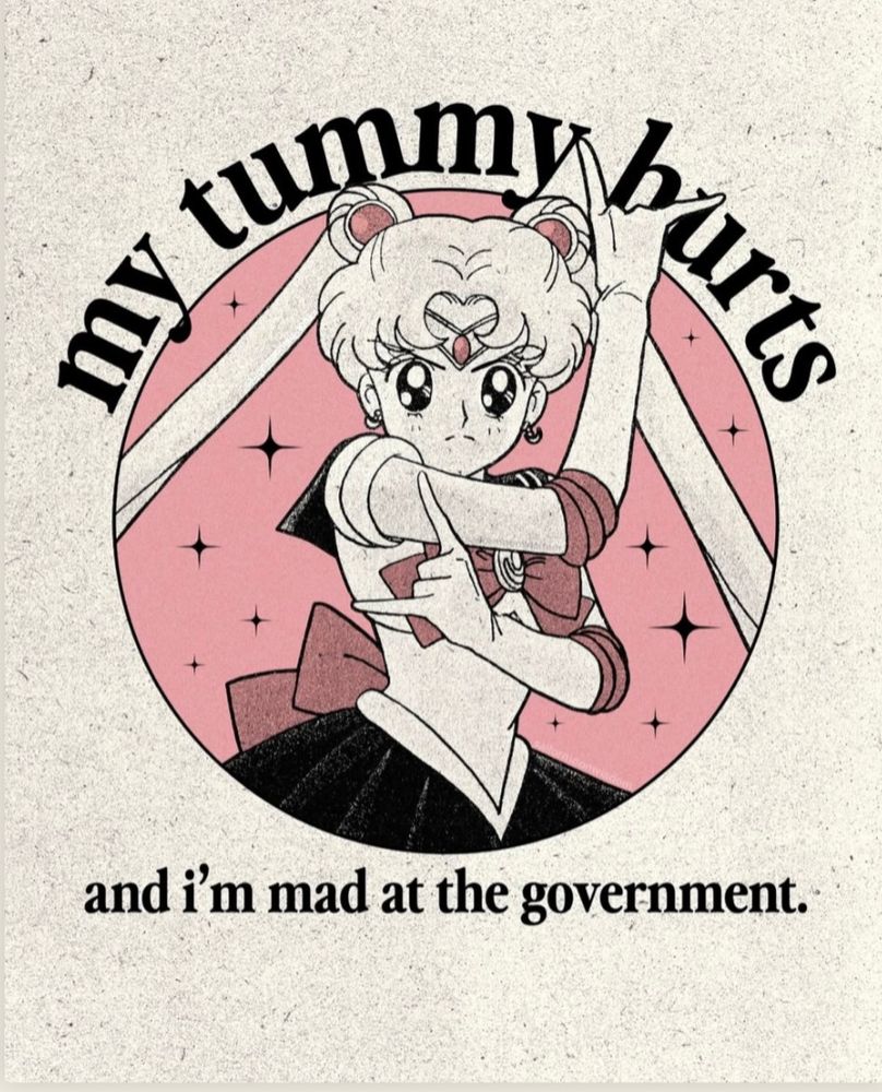 Art of sailor moon with the words 'my tummy hurts and I'm mad at the government'