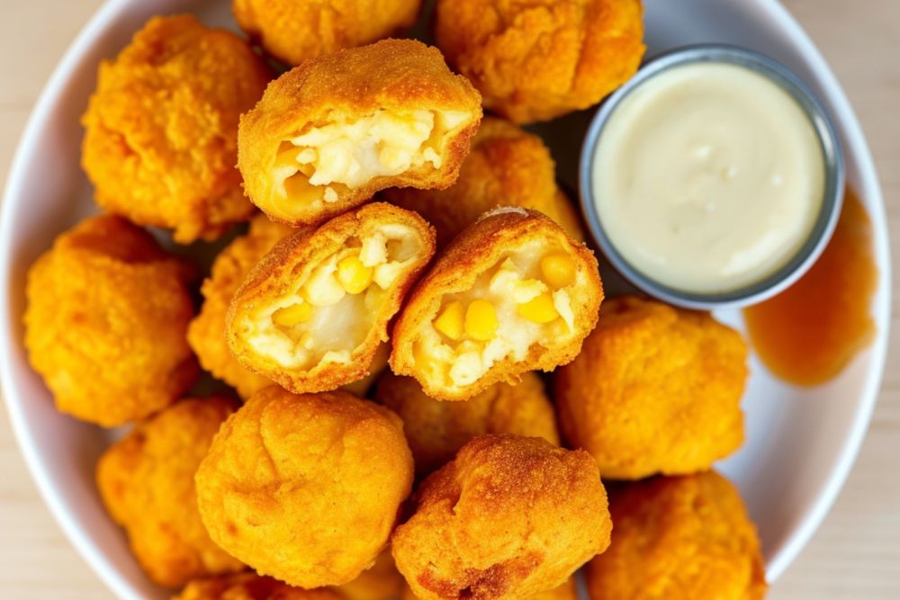 A bowl of corn nuggets: small balls of breaded, deep-fried creamed corn. Three are cut open to show what they look like inside. Also in the bowl is a small dish of mayonnaise, the traditional dipping sauce. 