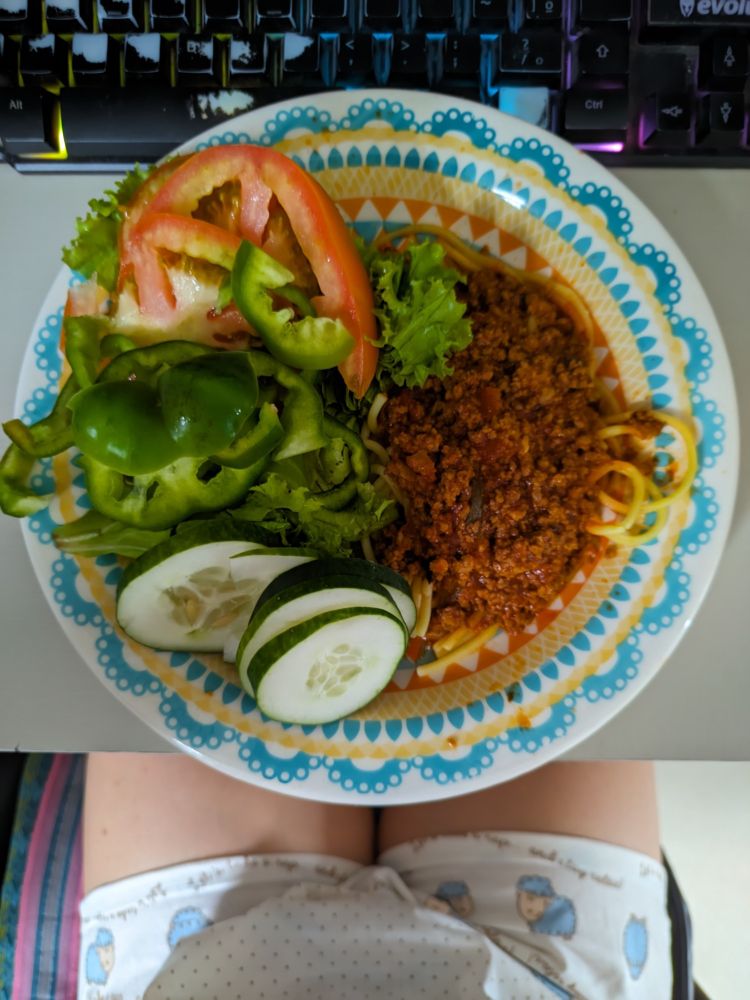 Foto de prato de almoço. A metade esquerda é salada com alface, tomate, pimentão verde e pepino. A metade direita é macarrão com carne moída a molho vermelho.