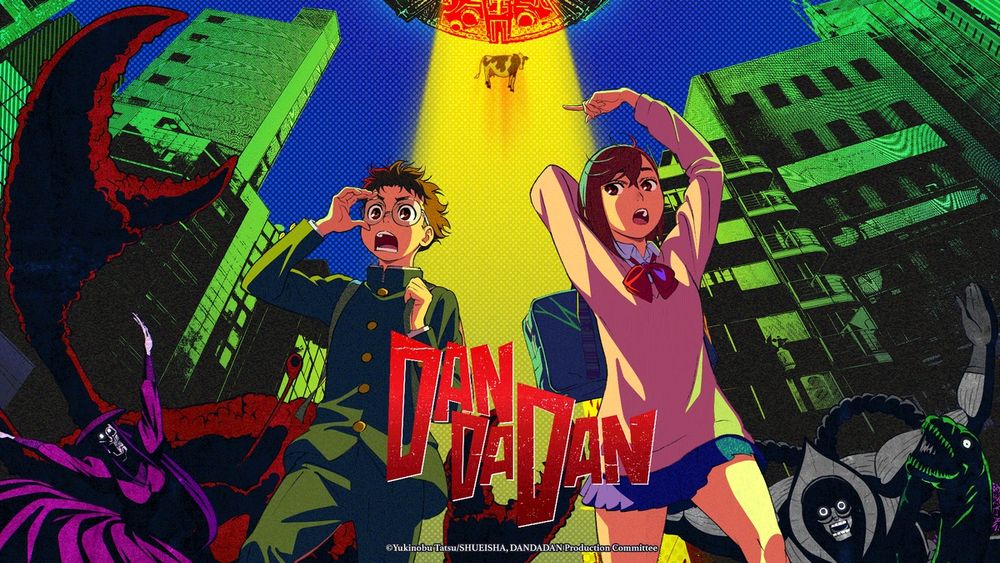 A picture of main characters in anime called DanDaDan running from a spaceship and surrounded by aliens and demons.