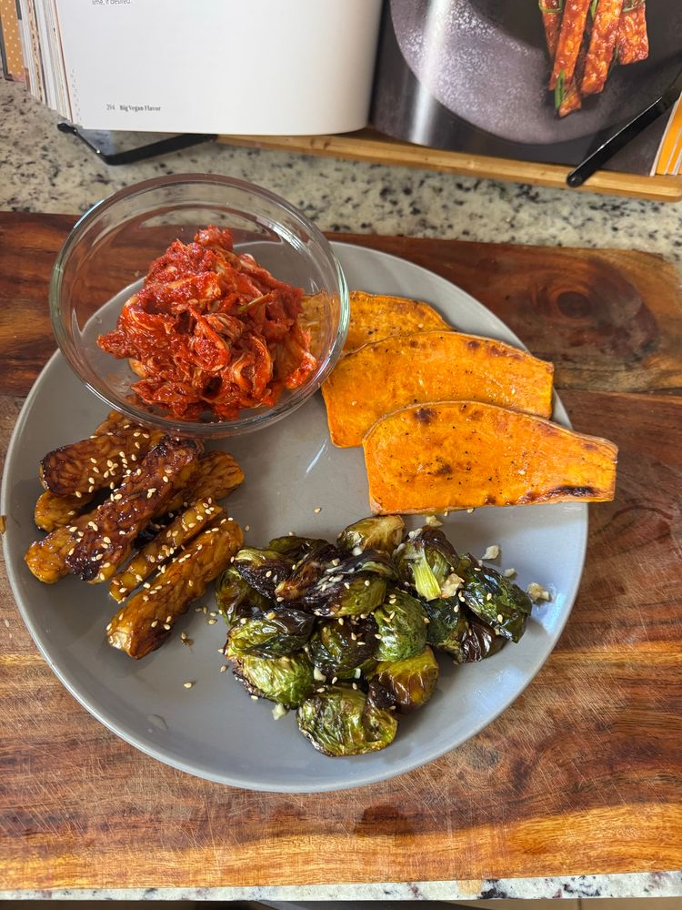 Brunch today. Homemade kimchi, sweet potato toast, roasted brussel sprouts with fish sauce, Korean bbq tempeh