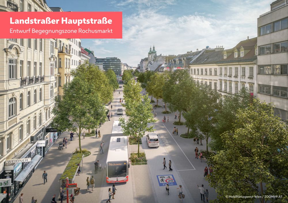 Neue Begegnungszone Landstraßer Hauptstraße. Blick von der Weyrgasse von oben in Richtung Rochusmarkt. In der Mitte der Straße: eine neue Baumreihe. 