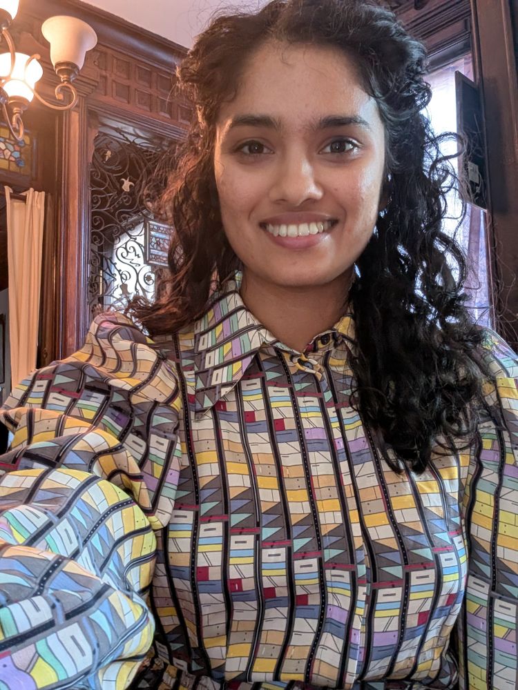Person with curly black hair wearing colorful grid pattern collar dress in historical looking wood panel backdrop