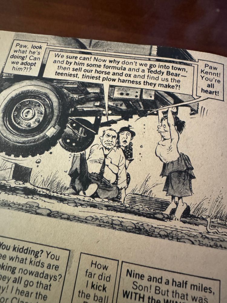 A cartoon-y recreation of baby Clark lifting the car in Superman the Movie (1978)