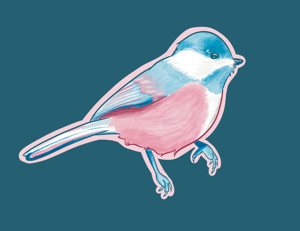 A chickadee digitally painted in blue, pink, and white one a turquoise background 