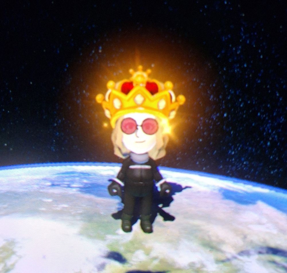 my mii in Mario kart multiplayer with the crown cause I won