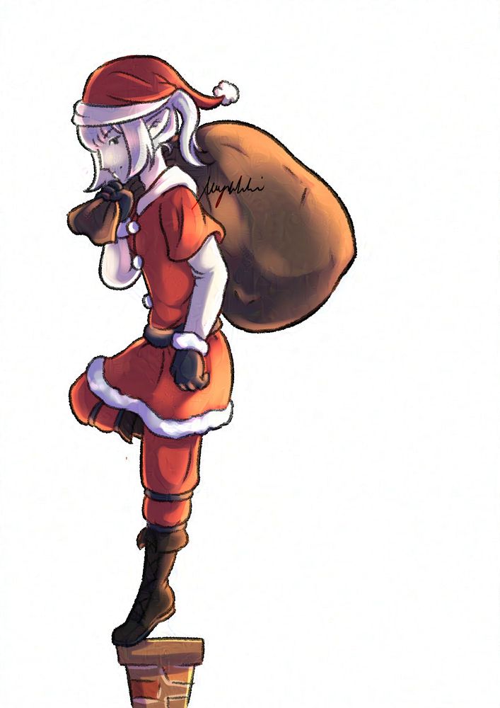 Estinien Varlineau from Final Fantasy XIV dressed in a santa outfit with a sack over one shoulder and standing in the classic dragoon pose on a chimney stack