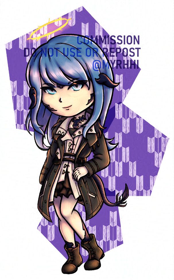 A female Xaela Au'Ra from Final Fantasy XIV, with light blue hair and eyes wearing a dark jacket with a white inner coat and a halo above her head.