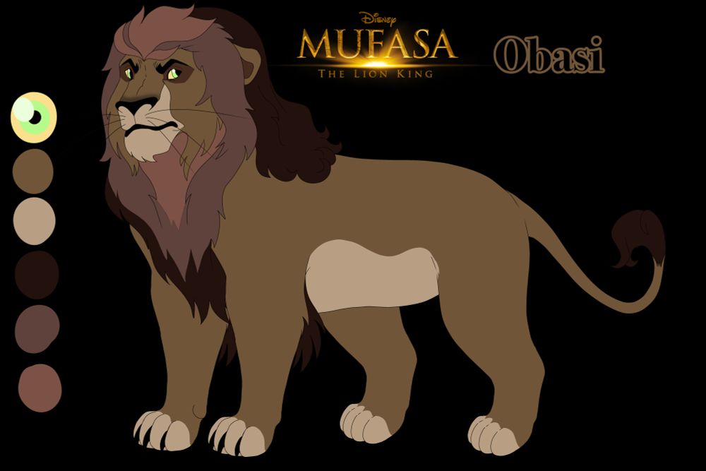 Ref sheet of obasi from the mufasa film drawn in a similar manner to the 1994 lion king movie.
