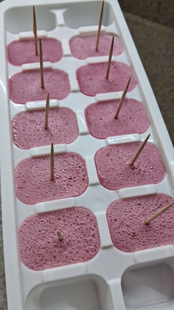 foto de uma bandeja de gelo branca com 14 espaços. em 12 destes há picolés de frutas vermelhas com palitos de dente.