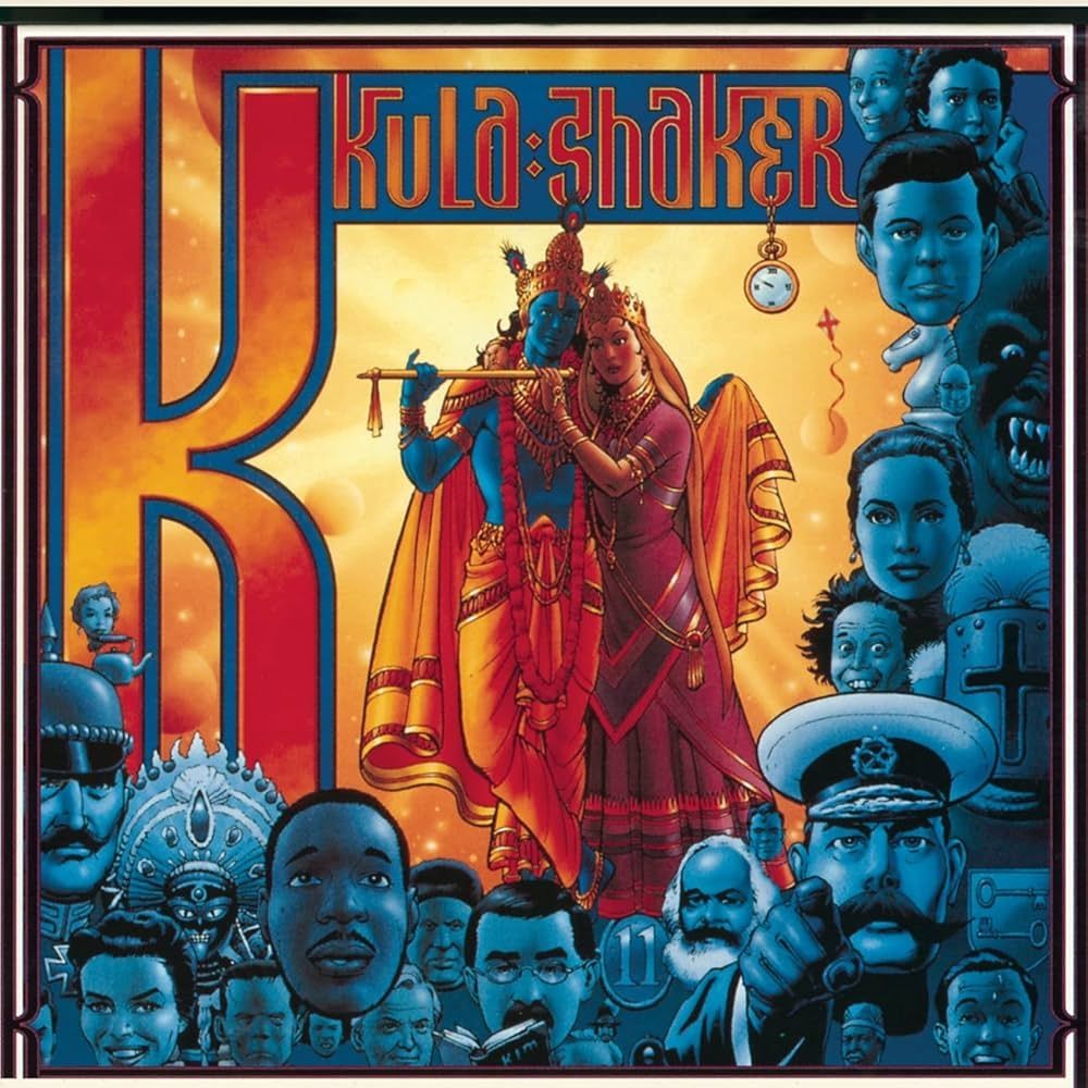 art from Kula Shaker's album titled K, with various images related to the letter K, including: John F. Kennedy, Lord Kitchener, Karl Marx, Gene Kelly, Katharine Hepburn, Ken Dodd, Kareem Abdul-Jabbar, Danny Kaye, Kal-El (Superman), Boris Karloff (as Frankenstein's monster), Krishna, King Kong, Martin Luther King Jr., two Knights (a pair of Keys on one of them), a Kettle, Kali, the Kaiser, Nikita Khrushchev, Grace Kelly, the number 11 (symbolizing K), and Rudyard Kipling's book Kim.