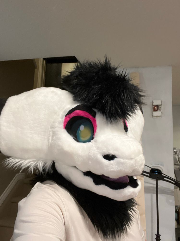 Largen taking a selfie in his wickerbeast fursuit head