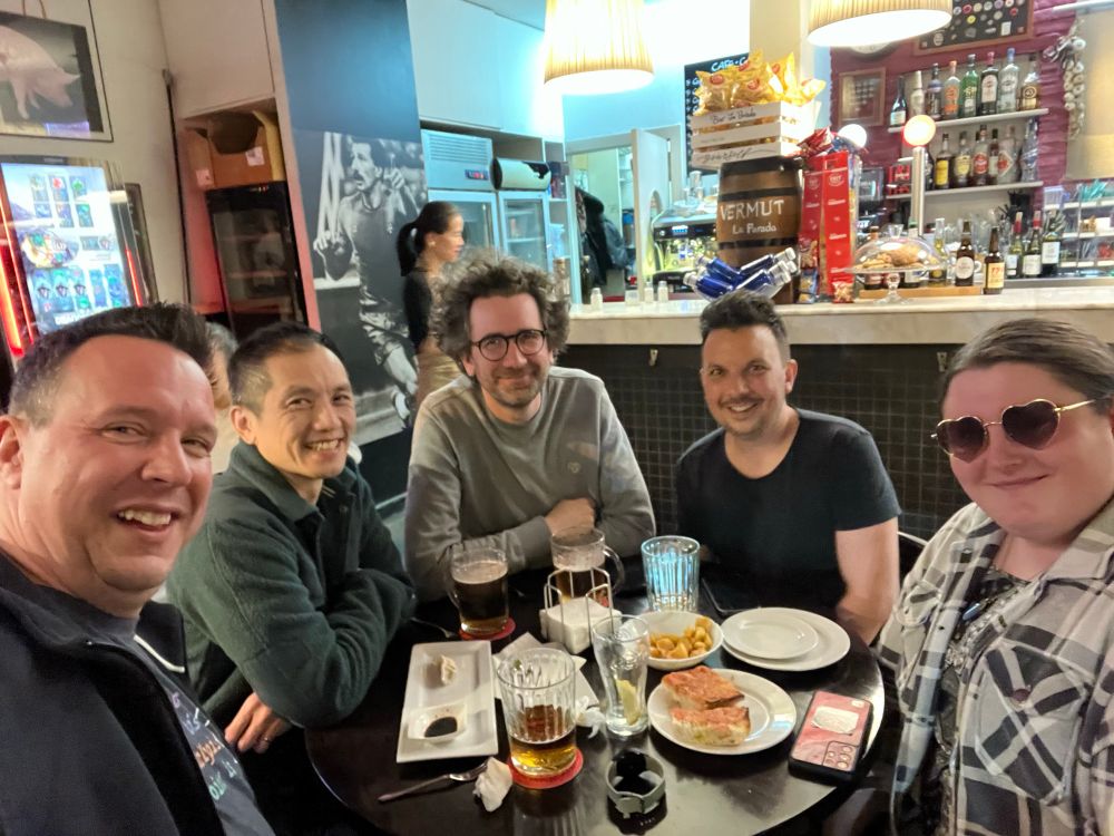 Scott, Cain, Julian, Antony and Willow having tapas in Barcelona 