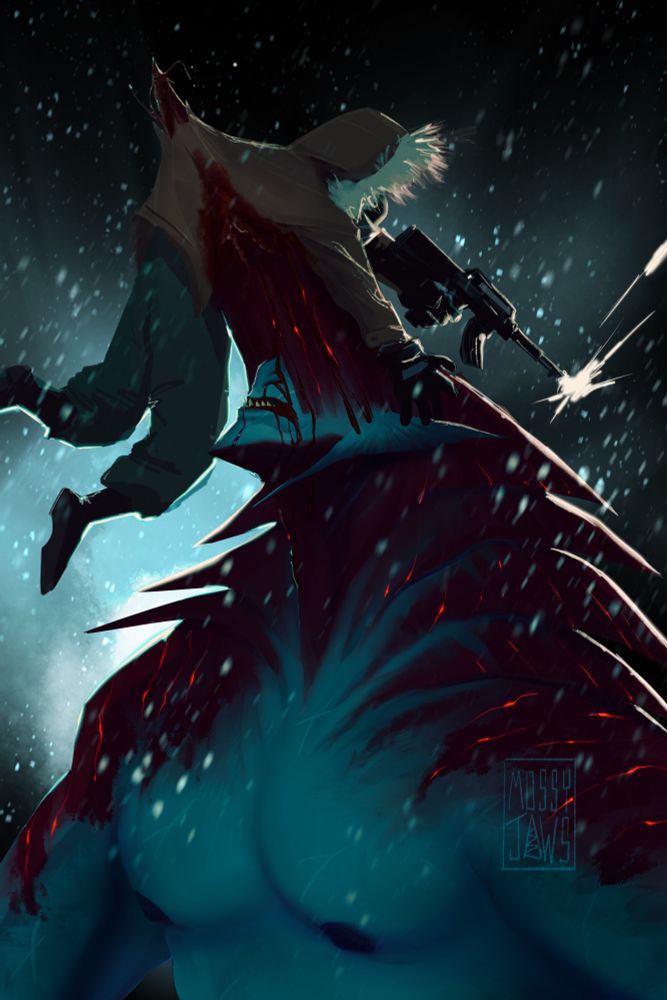 Man with a gun is being impaled and lifted by a large beast with a red horn protruding from the front of his head.