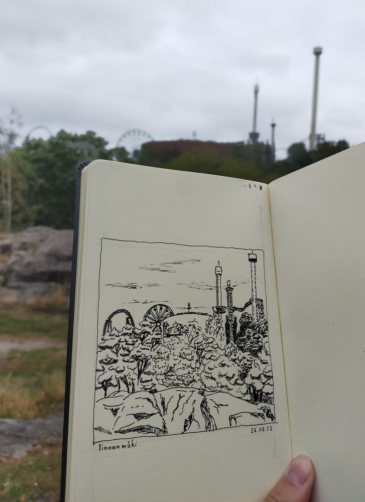 pen drawing of Linnanmäki rides peaking out above the treeline