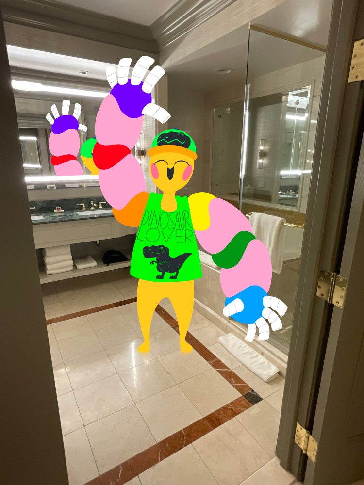 Stickybutter in the bathroom, happily waving at the viewer. His reflection is shown behind the mirror and on the floor.