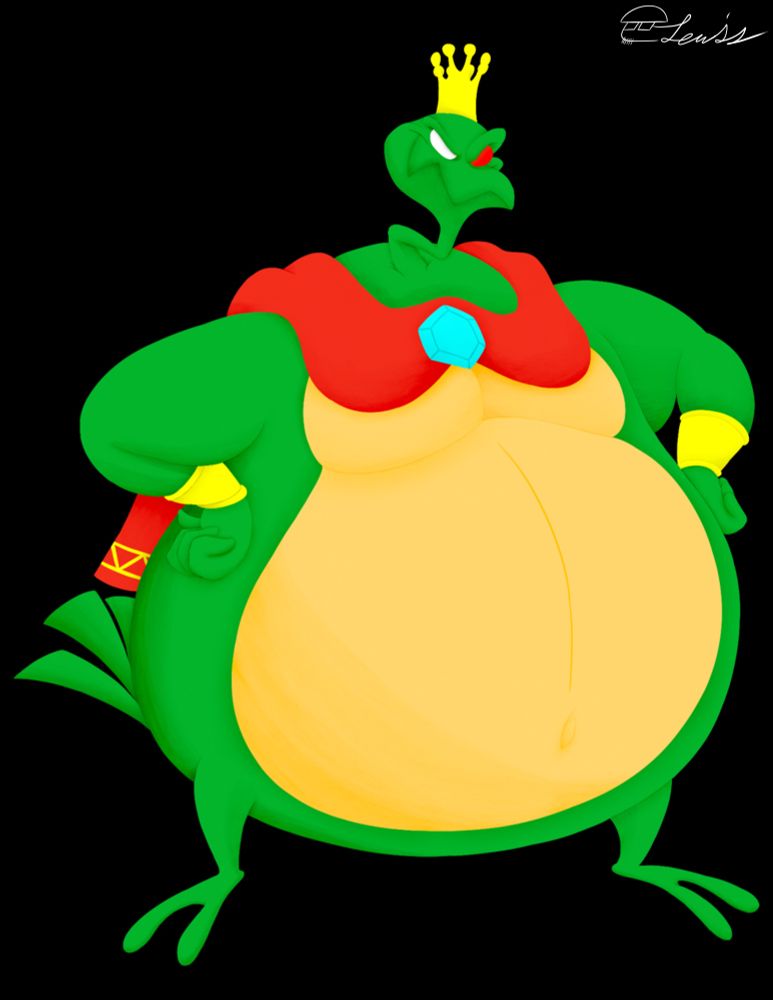 King K. Row putting his feathered hands on his hips in a dark background with a cute smile on his evil face.