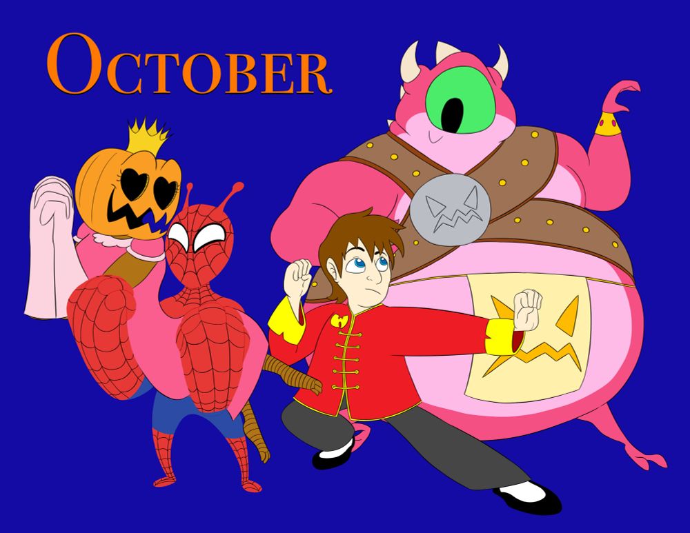 The October cover depicts Stickybutter dressing up as Spider-Man, rescuing a pumpkin princess monster who admires his "rescue" during Halloween. Arnold, dressed up as a Wu-Tang warrior, strikes a pose while standing next to Jureki, a rotund cyclopian monster who is a fully experienced kung fu master as well.