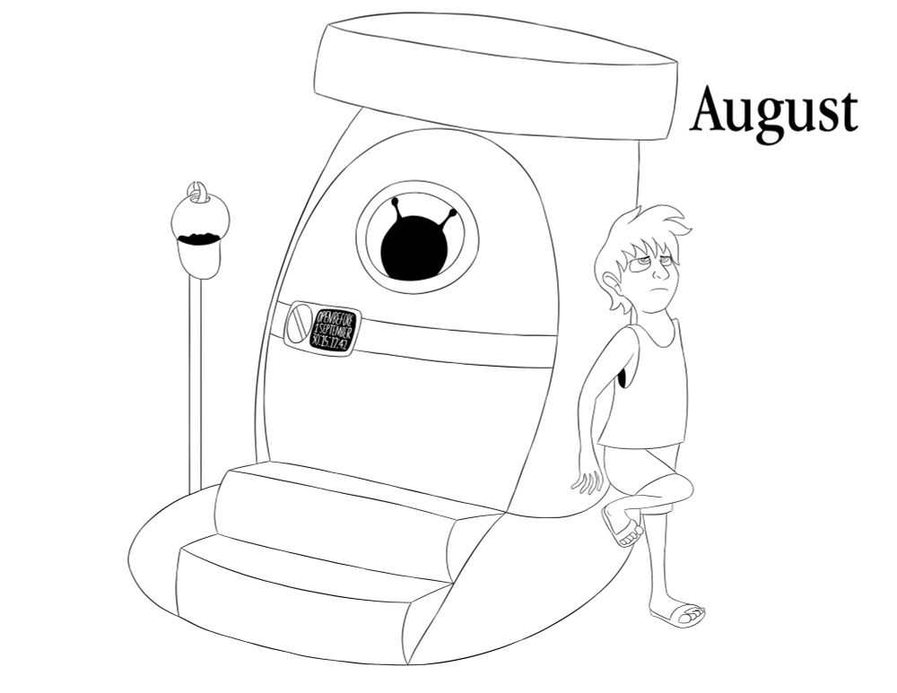 The August cover depicts Arnold chilling next to a cryogenic chamber, patiently waiting for Stickybutter to come out of his slumber after August is over.