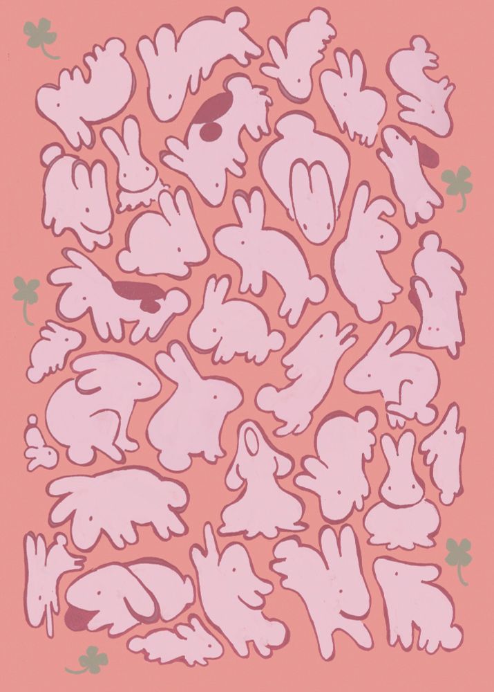 assortment of bunnies on a pink background, along with green clovers
