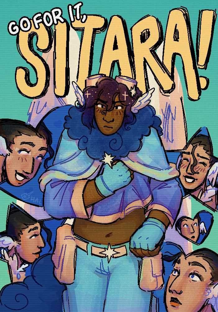 a redraw of the cover of the manga "go for it, nakamura!" instead featuring the original characters s. and inanna. s is in the center, clutching her heart while blushing hard. she's a thin, medium toned south asian woman with short, indigo hair, feathered ears and wings, and she wears goggles, blue gloves,  a blue cropped shirt with a gold trim, a sky blue capelet, light blue cargo pants, and a dark blue cloudy scarf and gold waist pouches. around her are face ups of inanna contained in blue stars and hearts. inanna is a russian woman with lighter skin, blue eyes, dark hair pulled into a tight bun, and feathered ears. the face ups show a scatter of her smiling, laughing, and just existing. the background is a bright teal and the top of the image is lettered in white and yellow, reading go for it, sitara!