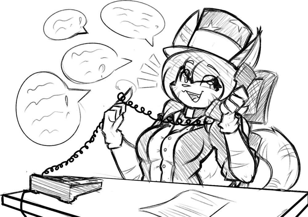 Magenta the cat magician in her top hat and black jacket, sitting at an office desk and yapping on the phone with her gloved finger twirling the cord.