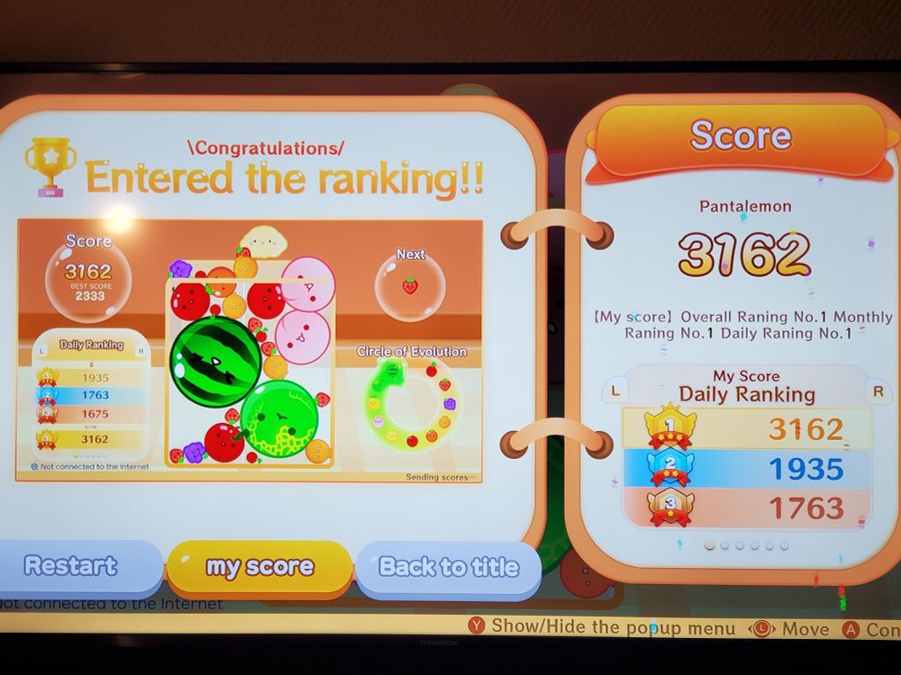 Partie de Suika Game, avec un score de 3162.