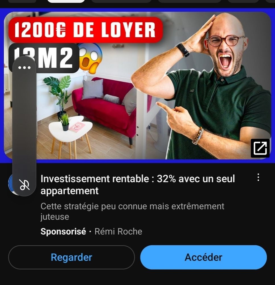 Capture d'une vidéo sponsorisée sur YouTube, faisant la promotion d'un investissement rentable à 32% avec un seul appartement : 13m^2 à 1200€ de loyer.