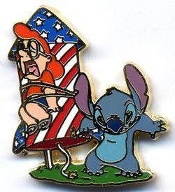 A pin that features Stitch who is mischievously lighting the fuse of a big fireworks rocket. The rocket is decorated in the style of the US flag, while Mertle is tied up to it and crying for help, for she knows that she will soon be in several cooked pieces when the rocket flies high and explodes.