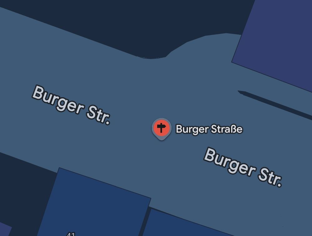 Ein Screenshot von Google Maps auf der ein Teil einer Straße zu sehen ist. Der Name der Straße ist "Burger Straße"