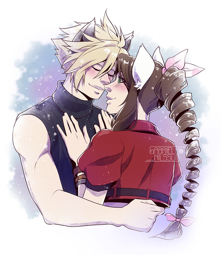 Cloud Strife and Aerith Gainsborough from Final Fantasy 7 with cat ears, embracing each other.