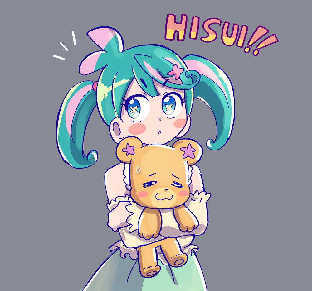digital art of hisui from precure. she looks off to the side with a serious expression while hugging mofurun tightly.