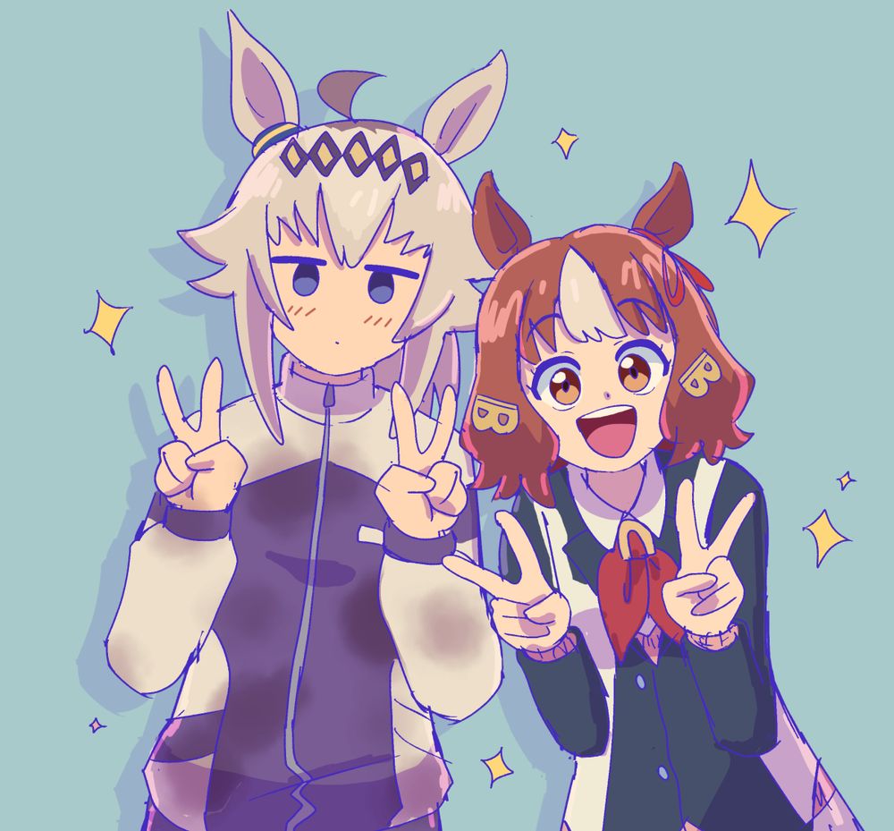 art of oguri cap and belno light from uma musume cinderella gray, both posing for the camera with double peace signs