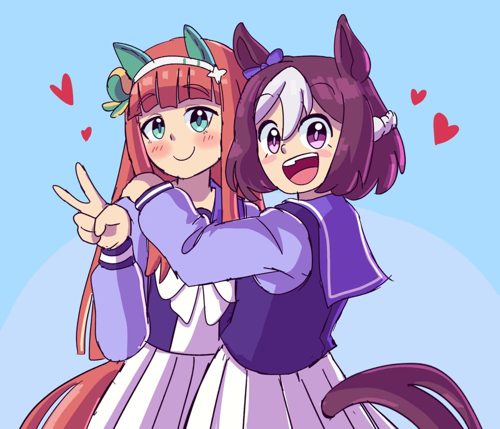 uma musume fan art of special week hugging silence suzuka, who is giving a peace sign.