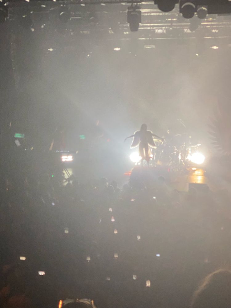 Magdalena bay concert stage. Mika with angel wings on with bright light behind her