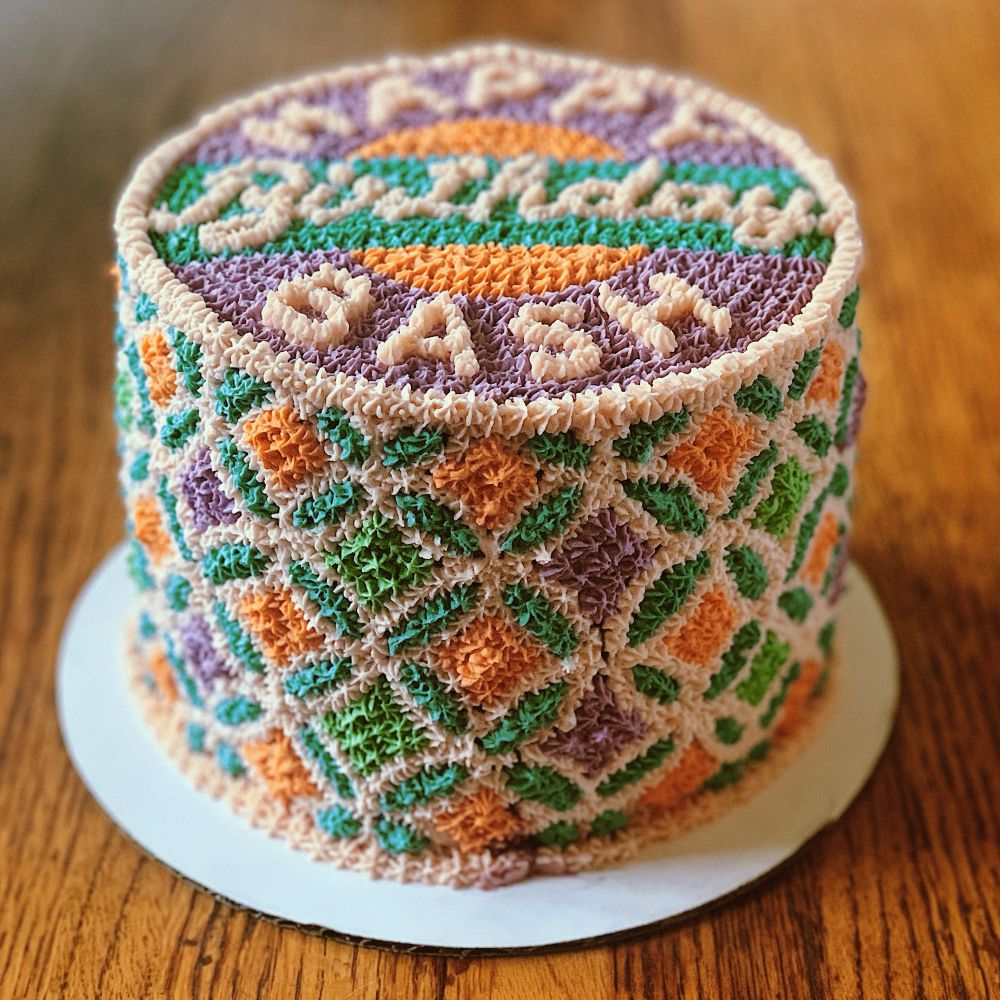 A layer cake with a geometric pastel pattern piped onto the sides and “Happy Birthday Bash” on top.