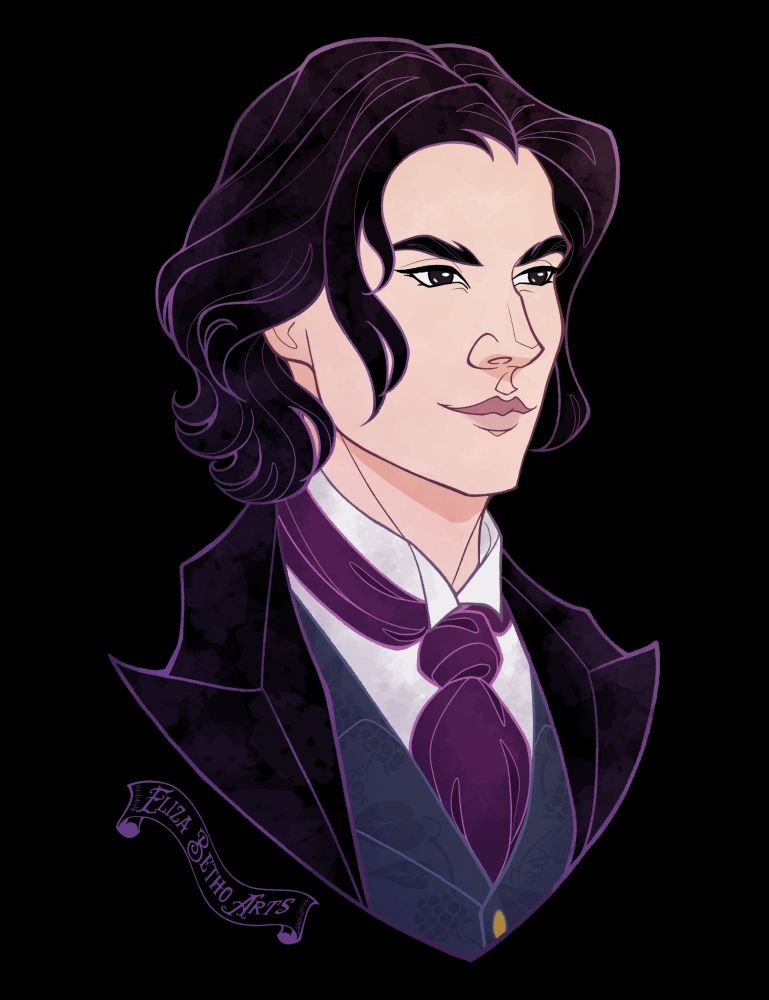 bust portrait of a beautiful victorian man with black hair and black eyes in a fine suit with a purple necktie